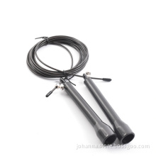 Adjustable speed steel jump rope with plastic handle.